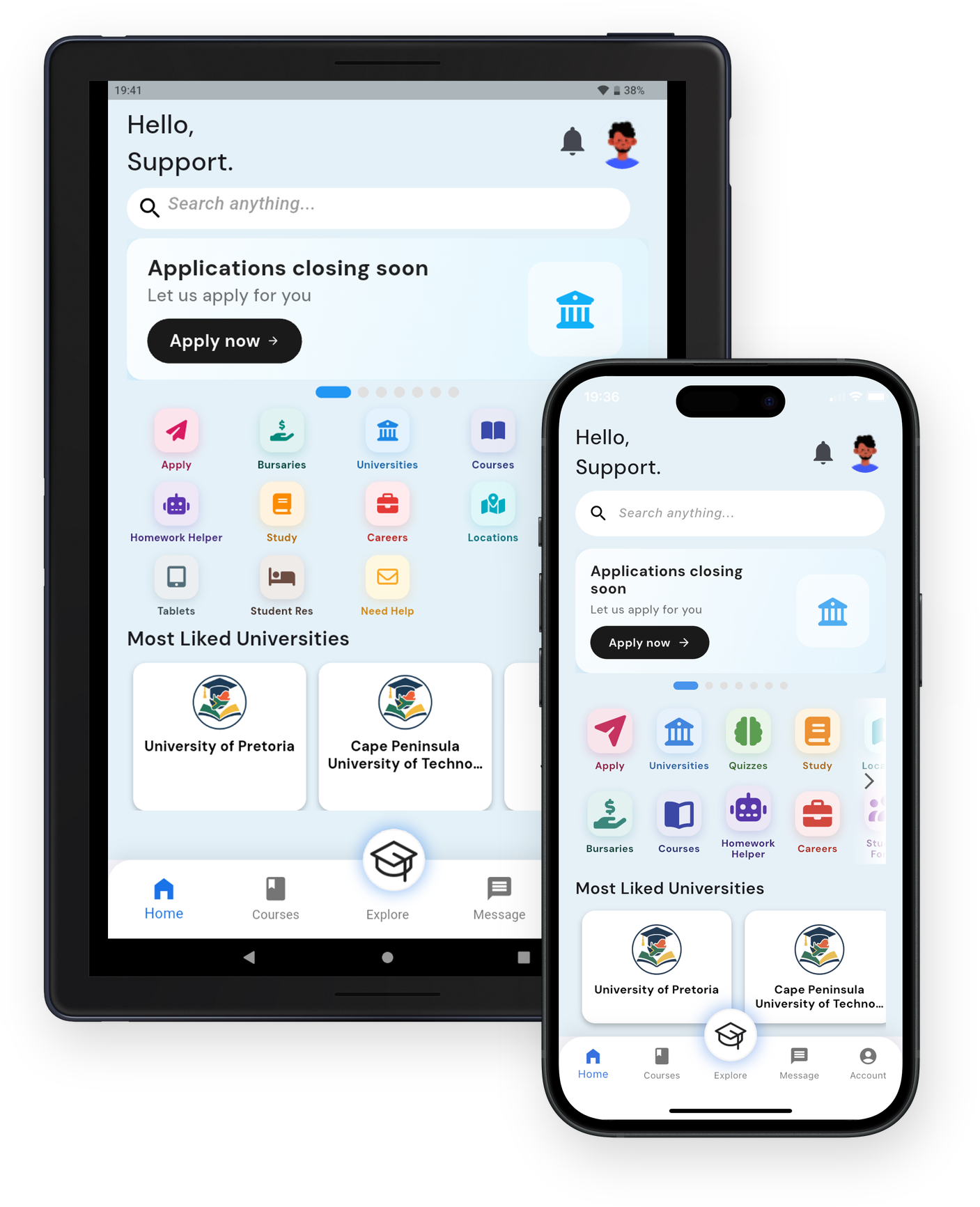 The GoLearn app on a tablet and an iPhone, showing the home screen with Apply, Bursaries, Universities, Quizzes, Study and Homework Helper
